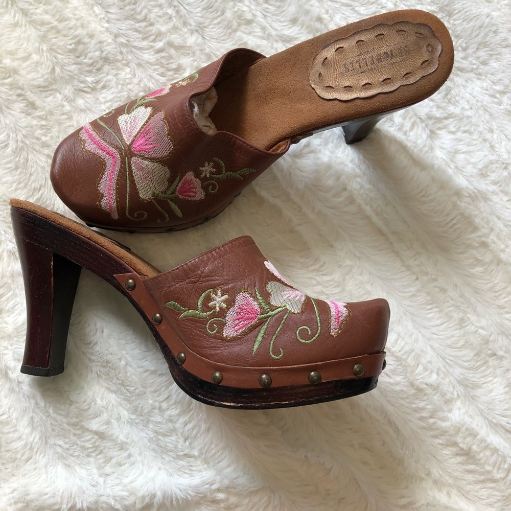 SEYCHELLES Anthropologie Brown Embroidered Clog Wood Chunky Heel Slip On Sandal